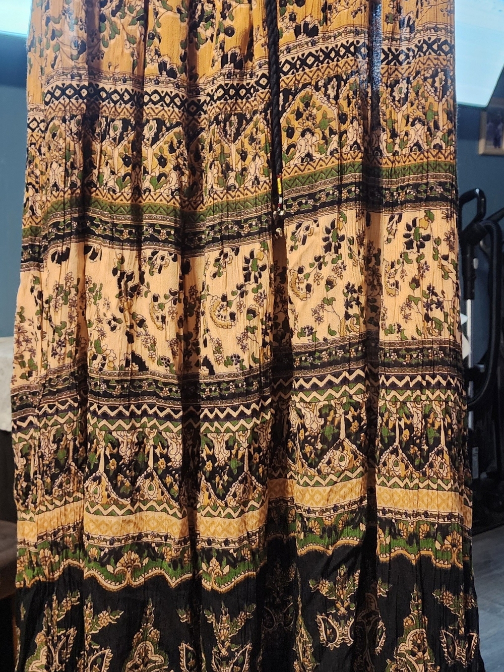 Bohemian Tiered Maxi Skirt in Mustard and Green Free Size